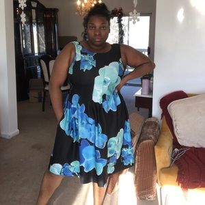 Black and blue Floral fit and flare Calvin Klein midi dress